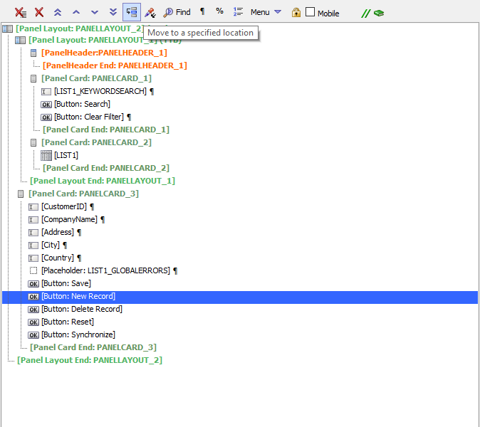 Selecting the New Record button for moving into the Panel
Header for the Search Part.
